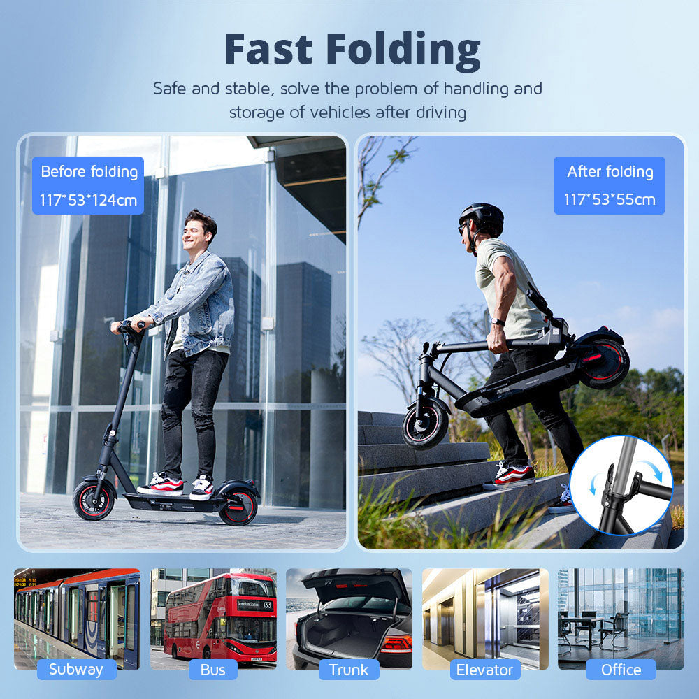 Elektrická koloběžka iScooter i10Max, motor 750 W, baterie 48 V 18 Ah, 10palcová pneumatika, maximální rychlost 45 km/h, dojezd 96 km, vodotěsnost IP54, přední a zadní odpružení, ovládání aplikací