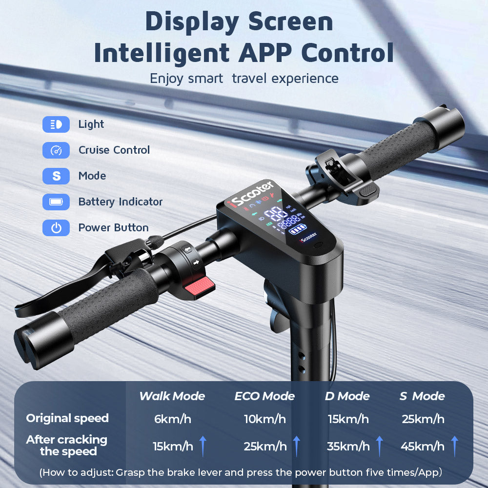 Elektrická koloběžka iScooter i10Max, motor 750 W, baterie 48 V 18 Ah, 10palcová pneumatika, maximální rychlost 45 km/h, dojezd 96 km, vodotěsnost IP54, přední a zadní odpružení, ovládání aplikací