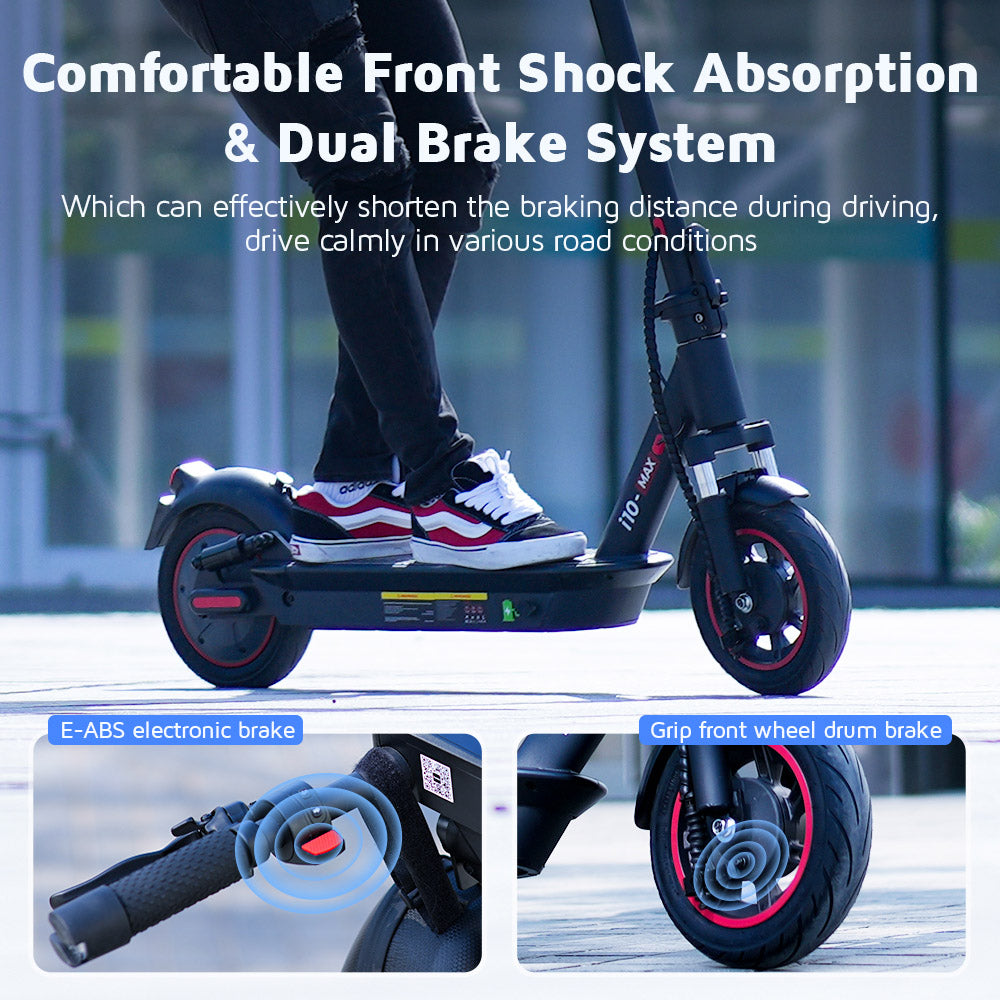 Elektrická koloběžka iScooter i10Max, motor 750 W, baterie 48 V 18 Ah, 10palcová pneumatika, maximální rychlost 45 km/h, dojezd 96 km, vodotěsnost IP54, přední a zadní odpružení, ovládání aplikací