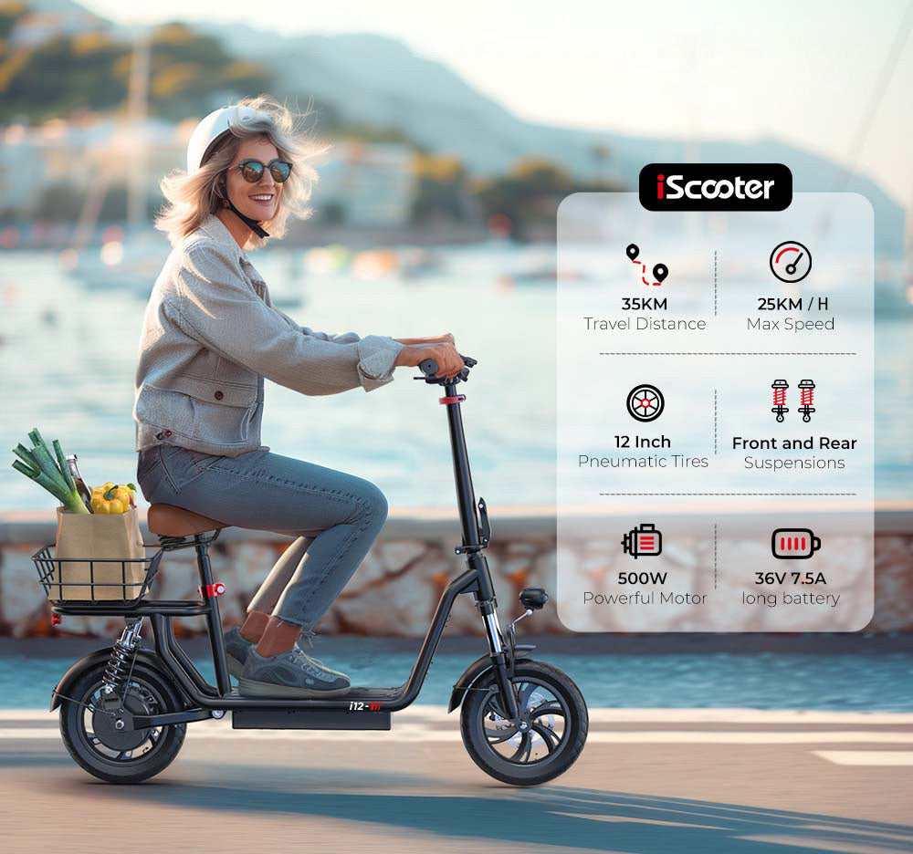 Elektrická koloběžka iScooter i12 se sedadlem a zadním košíkem, motor 500 W, baterie 36 V 7,5 Ah, 12palcová pneumatika, maximální rychlost 25 km/h, maximální dojezd 35 km, dvojité kotoučové brzdy, dvojité tlumení nárazů