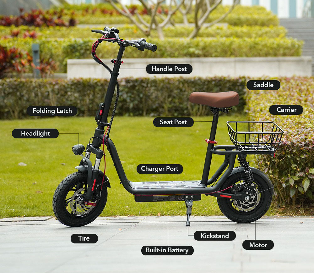 Elektrická koloběžka iScooter i12 se sedadlem a zadním košíkem, motor 500 W, baterie 36 V 7,5 Ah, 12palcová pneumatika, maximální rychlost 25 km/h, maximální dojezd 35 km, dvojité kotoučové brzdy, dvojité tlumení nárazů