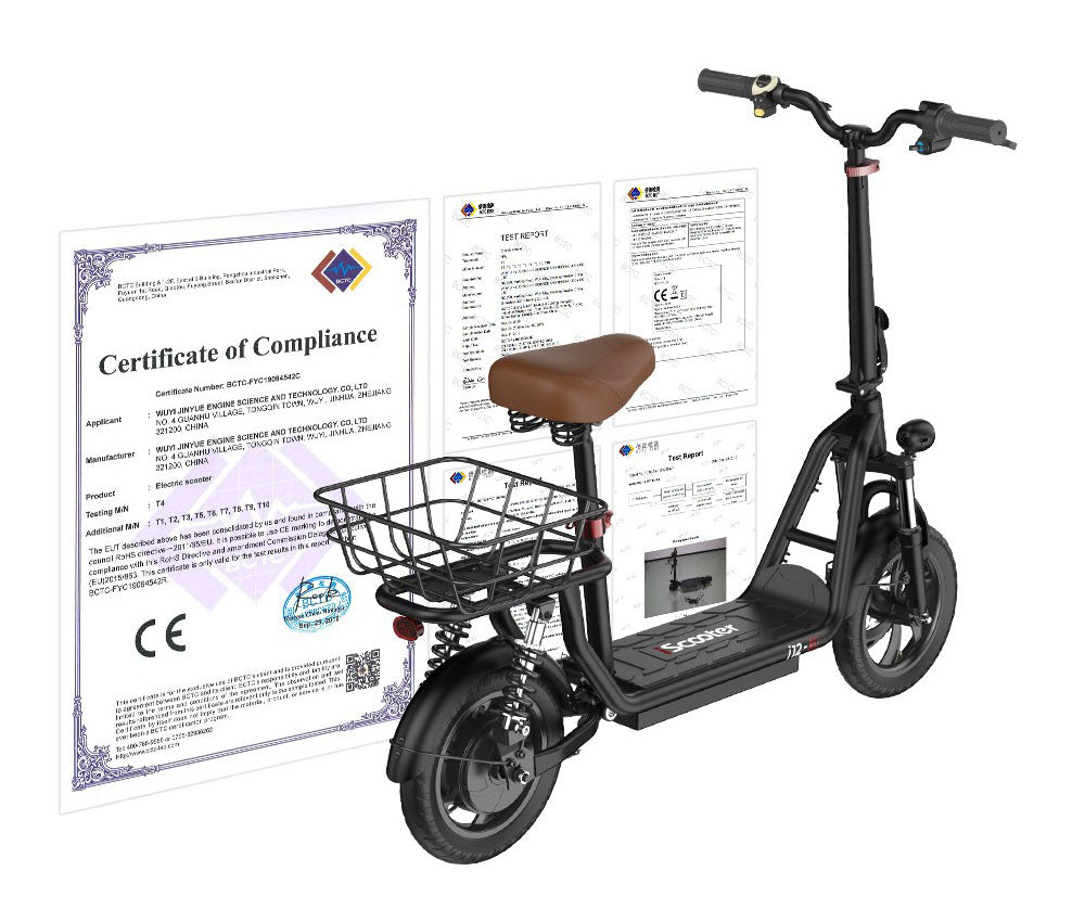 Elektrická koloběžka iScooter i12 se sedadlem a zadním košíkem, motor 500 W, baterie 36 V 7,5 Ah, 12palcová pneumatika, maximální rychlost 25 km/h, maximální dojezd 35 km, dvojité kotoučové brzdy, dvojité tlumení nárazů