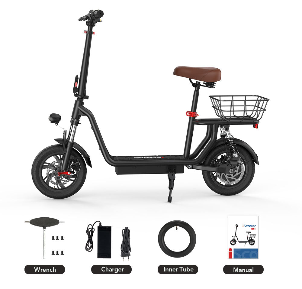 Elektrická koloběžka iScooter i12 se sedadlem a zadním košíkem, motor 500 W, baterie 36 V 7,5 Ah, 12palcová pneumatika, maximální rychlost 25 km/h, maximální dojezd 35 km, dvojité kotoučové brzdy, dvojité tlumení nárazů