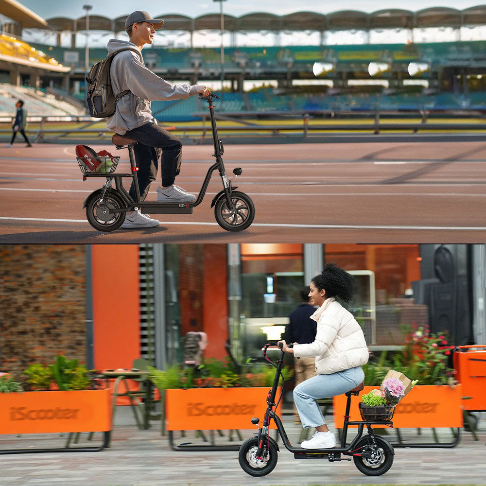 Elektrická koloběžka iScooter i12 se sedadlem a zadním košíkem, motor 500 W, baterie 36 V 7,5 Ah, 12palcová pneumatika, maximální rychlost 25 km/h, maximální dojezd 35 km, dvojité kotoučové brzdy, dvojité tlumení nárazů