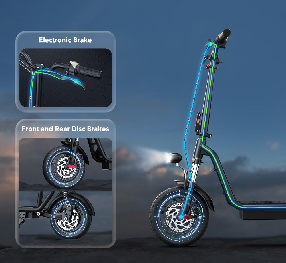 Elektrická koloběžka iScooter i12 se sedadlem a zadním košíkem, motor 500 W, baterie 36 V 7,5 Ah, 12palcová pneumatika, maximální rychlost 25 km/h, maximální dojezd 35 km, dvojité kotoučové brzdy, dvojité tlumení nárazů