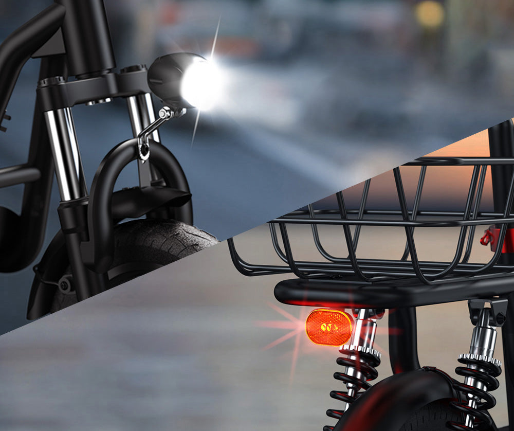 Elektrická koloběžka iScooter i12 se sedadlem a zadním košíkem, motor 500 W, baterie 36 V 7,5 Ah, 12palcová pneumatika, maximální rychlost 25 km/h, maximální dojezd 35 km, dvojité kotoučové brzdy, dvojité tlumení nárazů