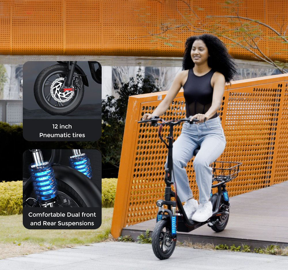 Elektrická koloběžka iScooter i12 se sedadlem a zadním košíkem, motor 500 W, baterie 36 V 7,5 Ah, 12palcová pneumatika, maximální rychlost 25 km/h, maximální dojezd 35 km, dvojité kotoučové brzdy, dvojité tlumení nárazů