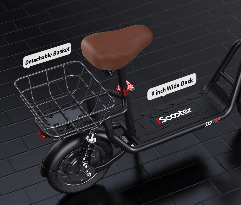 Elektrická koloběžka iScooter i12 se sedadlem a zadním košíkem, motor 500 W, baterie 36 V 7,5 Ah, 12palcová pneumatika, maximální rychlost 25 km/h, maximální dojezd 35 km, dvojité kotoučové brzdy, dvojité tlumení nárazů