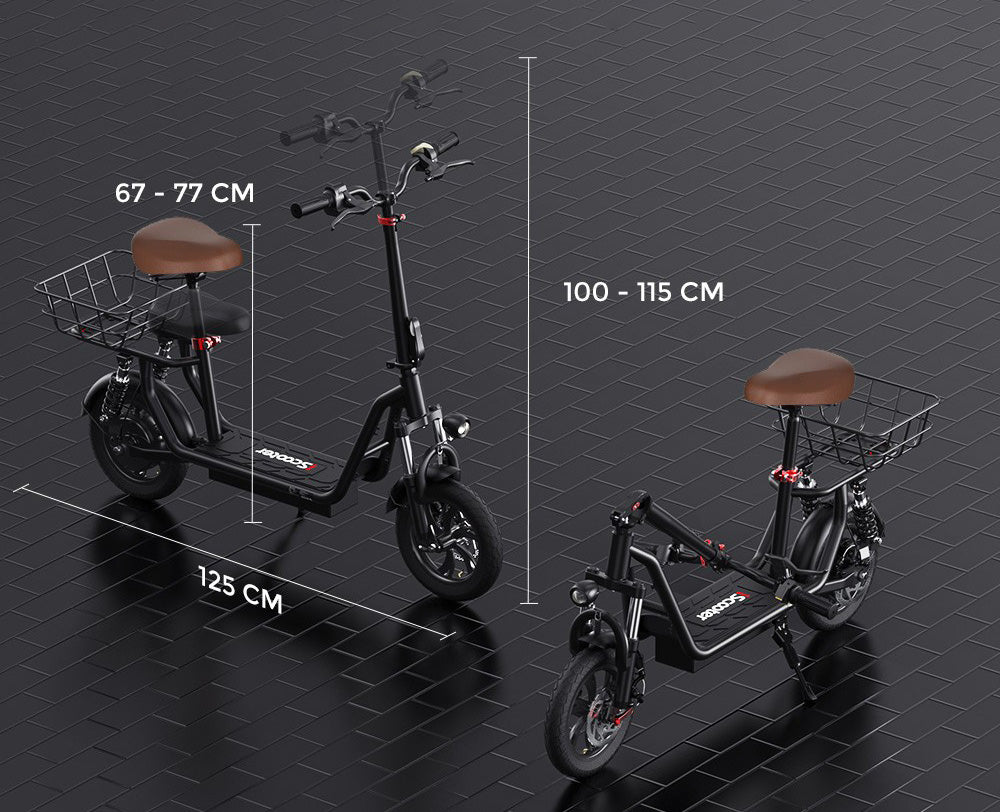 Elektrická koloběžka iScooter i12 se sedadlem a zadním košíkem, motor 500 W, baterie 36 V 7,5 Ah, 12palcová pneumatika, maximální rychlost 25 km/h, maximální dojezd 35 km, dvojité kotoučové brzdy, dvojité tlumení nárazů