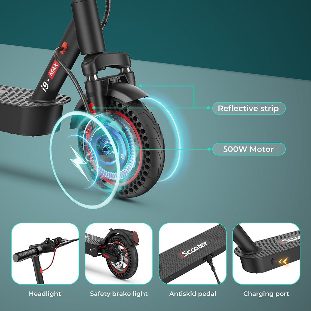 iScooter i9 Max Elektrická koloběžka 10 palců Voštinové pneumatiky 500W motor 36V 10Ah baterie 30km/h maximální rychlost 30-40km maximální dojezd nosnost 120kg dvojité tlumení nárazů inteligentní ovládání pomocí aplikace