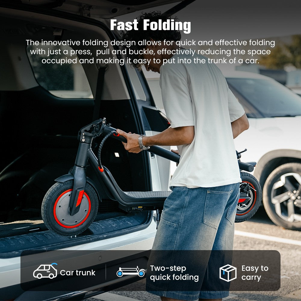 Elektrická koloběžka iScooter i9M, motor 500 W, baterie 42 V 7,5 Ah, 10palcové pneumatiky, maximální rychlost 35 km/h, dojezd 30 km, přední elektronická brzda a zadní kotoučová brzda, ovládání aplikací, LCD displej