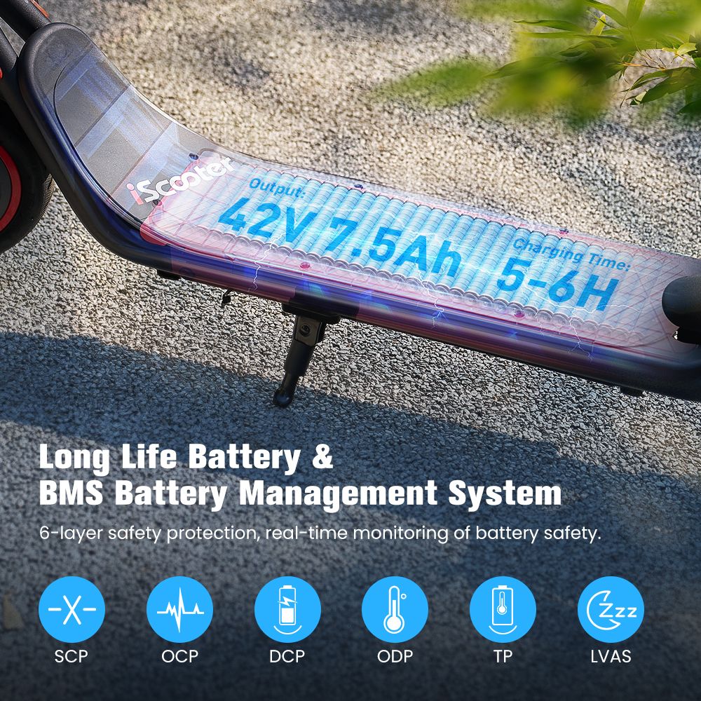 Elektrická koloběžka iScooter i9M, motor 500 W, baterie 42 V 7,5 Ah, 10palcové pneumatiky, maximální rychlost 35 km/h, dojezd 30 km, přední elektronická brzda a zadní kotoučová brzda, ovládání aplikací, LCD displej