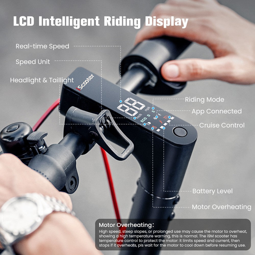 Elektrická koloběžka iScooter i9M, motor 500 W, baterie 42 V 7,5 Ah, 10palcové pneumatiky, maximální rychlost 35 km/h, dojezd 30 km, přední elektronická brzda a zadní kotoučová brzda, ovládání aplikací, LCD displej