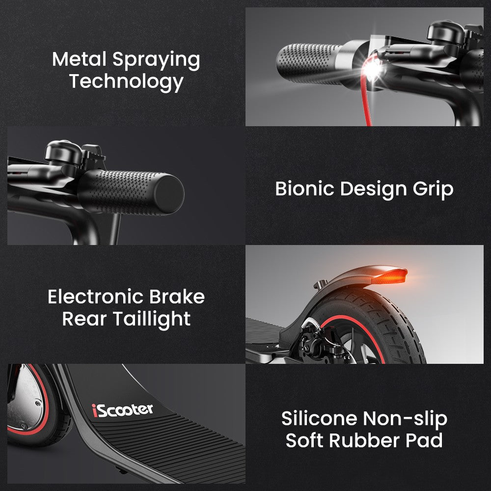 Elektrická koloběžka iScooter i9M, motor 500 W, baterie 42 V 7,5 Ah, 10palcové pneumatiky, maximální rychlost 35 km/h, dojezd 30 km, přední elektronická brzda a zadní kotoučová brzda, ovládání aplikací, LCD displej