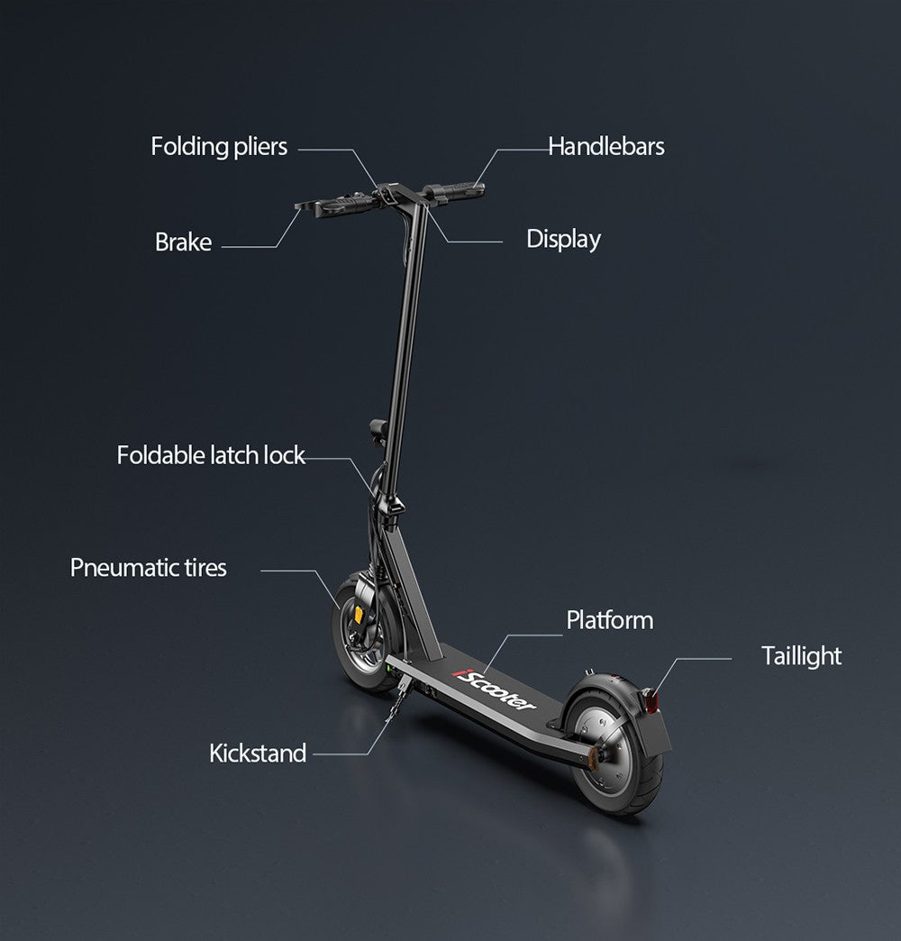 Elektrická koloběžka iScooter i9S, motor 500 W, baterie 10 Ah, 10palcová pneumatika, maximální rychlost 30 km/h, dojezd 30 km, přední tlumič nárazů, elektronická brzda a kotoučová brzda
