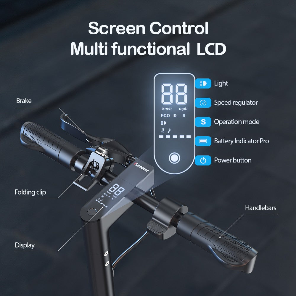 Elektrická koloběžka iScooter i9S, motor 500 W, baterie 10 Ah, 10palcová pneumatika, maximální rychlost 30 km/h, dojezd 30 km, přední tlumič nárazů, elektronická brzda a kotoučová brzda