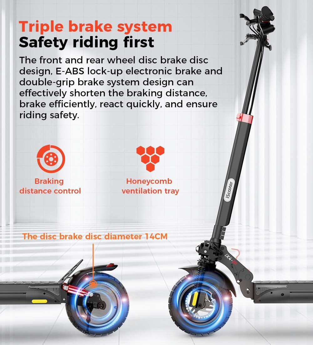 Elektrická koloběžka iScooter IX4, 10" voštinové pneumatiky, motor 800 W, maximální rychlost 45 km/h, baterie 48 V 15 Ah, dojezd 40–45 km, ovládání pomocí aplikace