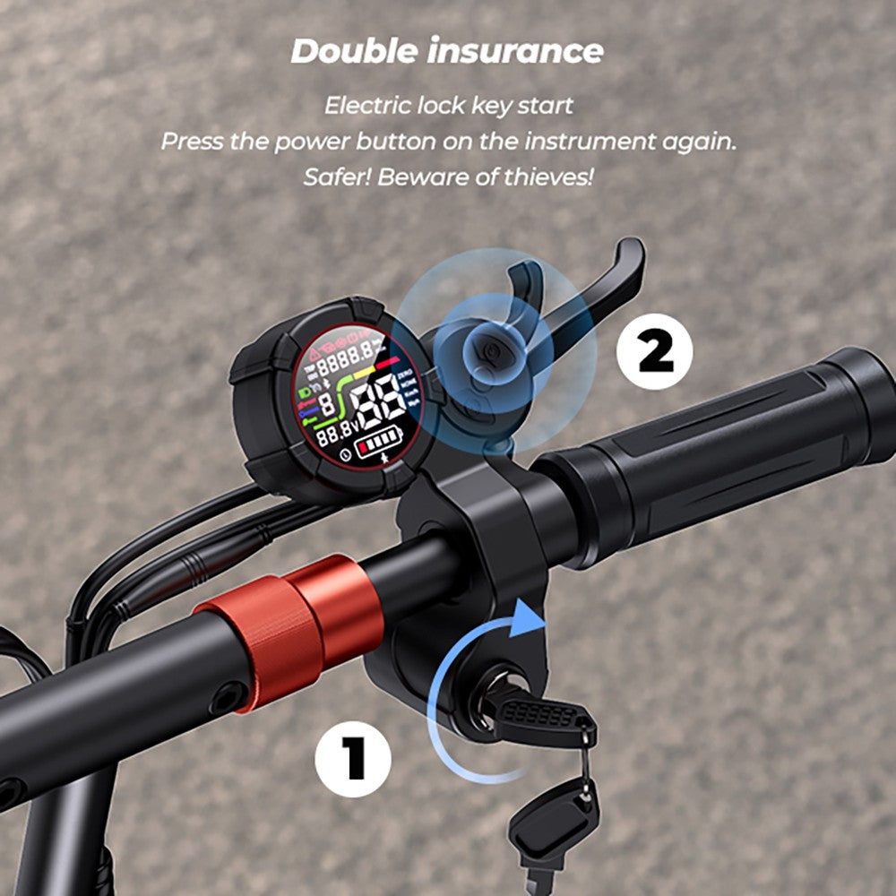 Elektrická koloběžka iScooter iX5S, motor 1000 W, baterie 48 V 15 Ah, pneumatiky 10 palců, maximální rychlost 25 km/h, dojezd 65 km, dvojité kotoučové brzdy, přední a zadní tlumiče