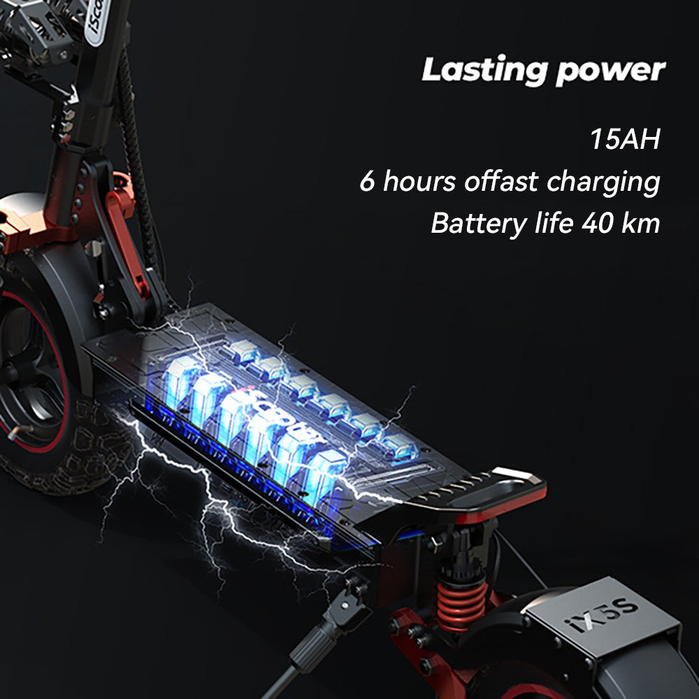 Elektrická koloběžka iScooter iX5S, motor 1000 W, baterie 48 V 15 Ah, 11palcové pneumatiky, maximální rychlost 45 km/h, dojezd 40 km, dvojité kotoučové brzdy, přední a zadní tlumiče