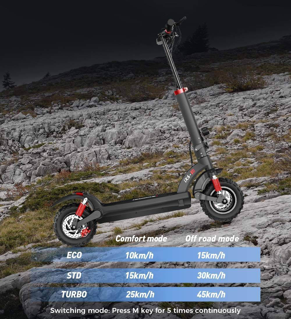 Elektrická koloběžka iScooter iX6, 11" pneumatiky do terénu, zadní motor 1000 W, maximální rychlost 45 km/h, baterie 48 V 17,5 Ah, dojezd 40–45 km