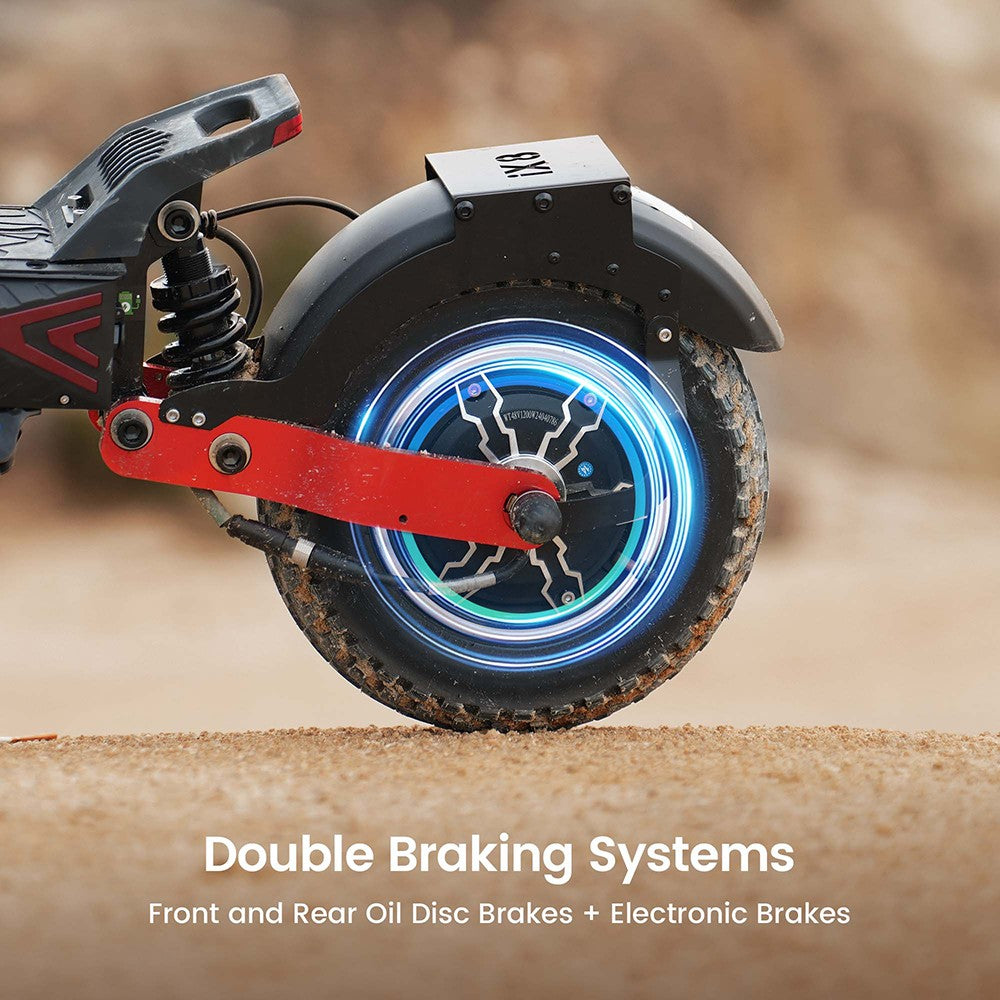 Elektrická koloběžka iScooter iX8, motor 2*1200 W, baterie 48 V 20 Ah, pneumatiky 12 palců, maximální rychlost 60 km/h, dojezd 70 km, dvojité hydraulické kotoučové brzdy, odpružení vpředu a vzadu