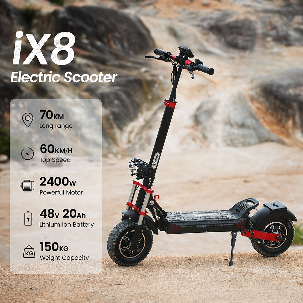 Elektrická koloběžka iScooter iX8, motor 2*1200 W, baterie 48 V 20 Ah, pneumatiky 12 palců, maximální rychlost 60 km/h, dojezd 70 km, dvojité hydraulické kotoučové brzdy, odpružení vpředu a vzadu