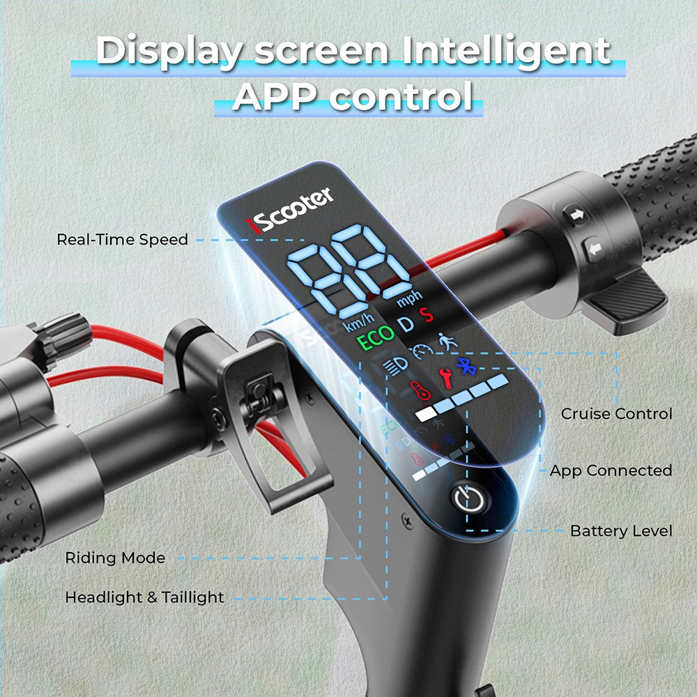 Elektrická koloběžka iScooter W7, motor 350 W, baterie 42 V 7,8 Ah, pneumatiky 8,5 palce, maximální rychlost 35 km/h, dojezd 30 km, kotoučová brzda, dvojité tlumení nárazů, ovládání přes aplikaci
