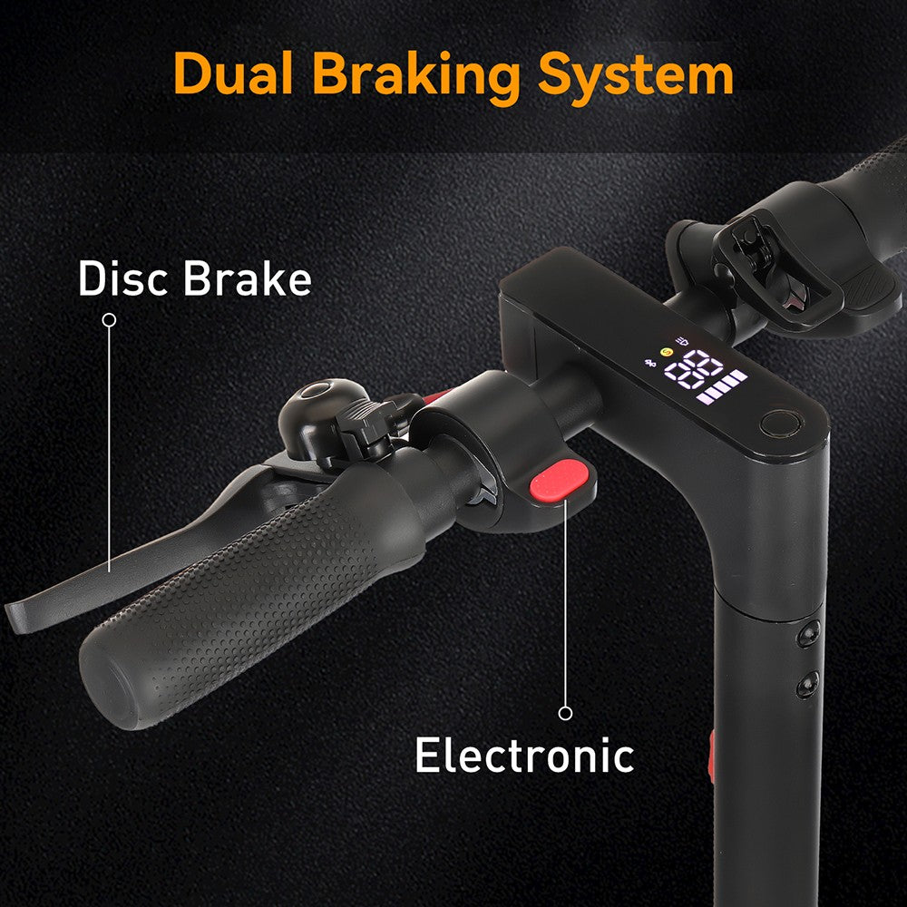 Elektrická koloběžka E9 Pro, certifikace ABE, motor 350 W, baterie 36 V 7,5 Ah, pneumatiky 8,5 palce, maximální rychlost 20 km/h, dojezd 30 km, dvojitý brzdový systém, ovládání aplikací