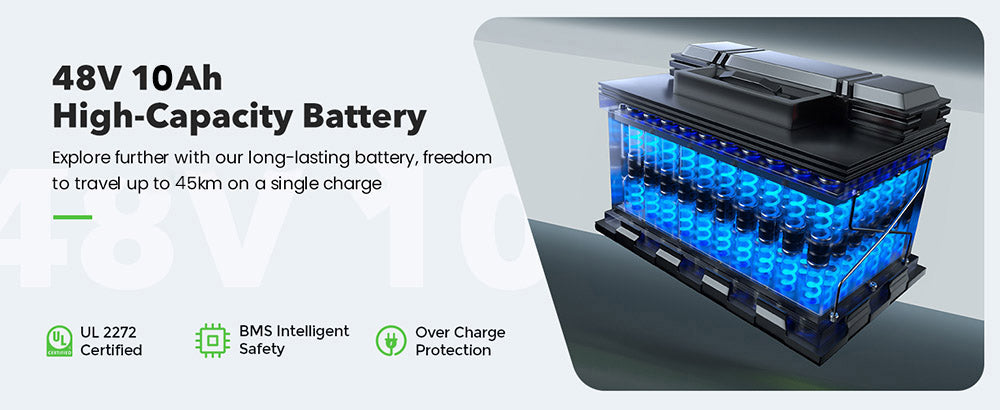 Elektrická koloběžka isinwheel GT1, motor 800 W, baterie 48 V 10 Ah, 10palcové terénní pneumatiky, maximální rychlost 45 km/h, dojezd 45 km, kotoučové brzdy, tlumení nárazů vpředu a vzadu, maximální nosnost 150 kg, ovládání aplikací