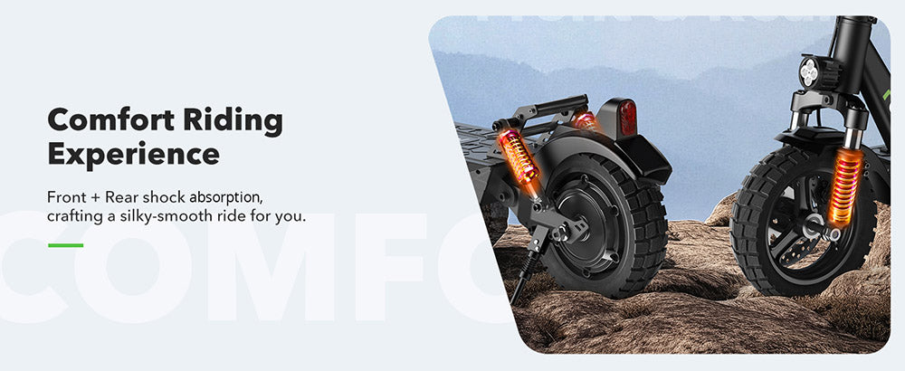 Elektrická koloběžka isinwheel GT1, motor 800 W, baterie 48 V 10 Ah, 10palcové terénní pneumatiky, maximální rychlost 45 km/h, dojezd 45 km, kotoučové brzdy, tlumení nárazů vpředu a vzadu, maximální nosnost 150 kg, ovládání aplikací