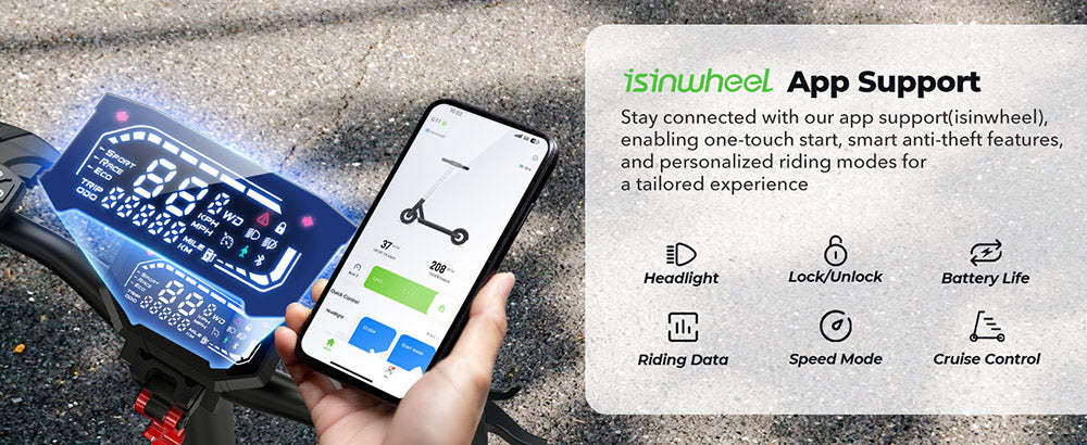 Elektrická koloběžka isinwheel GT1, motor 800 W, baterie 48 V 10 Ah, 10palcové terénní pneumatiky, maximální rychlost 45 km/h, dojezd 45 km, kotoučové brzdy, tlumení nárazů vpředu a vzadu, maximální nosnost 150 kg, ovládání aplikací