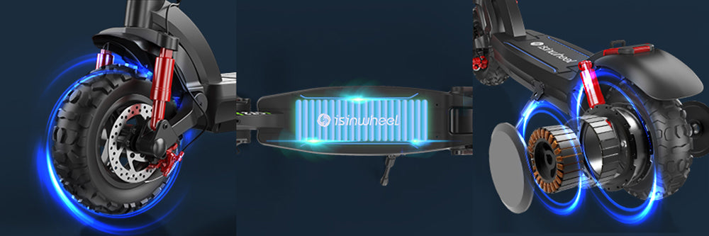 Terénní elektrická koloběžka isinwheel GT2, motor 800 W, baterie 48 V 15 Ah, 11palcové pneumatiky, maximální rychlost 45 km/h, maximální dojezd 45 km, kotoučová brzda, čtyřnásobný tlumič