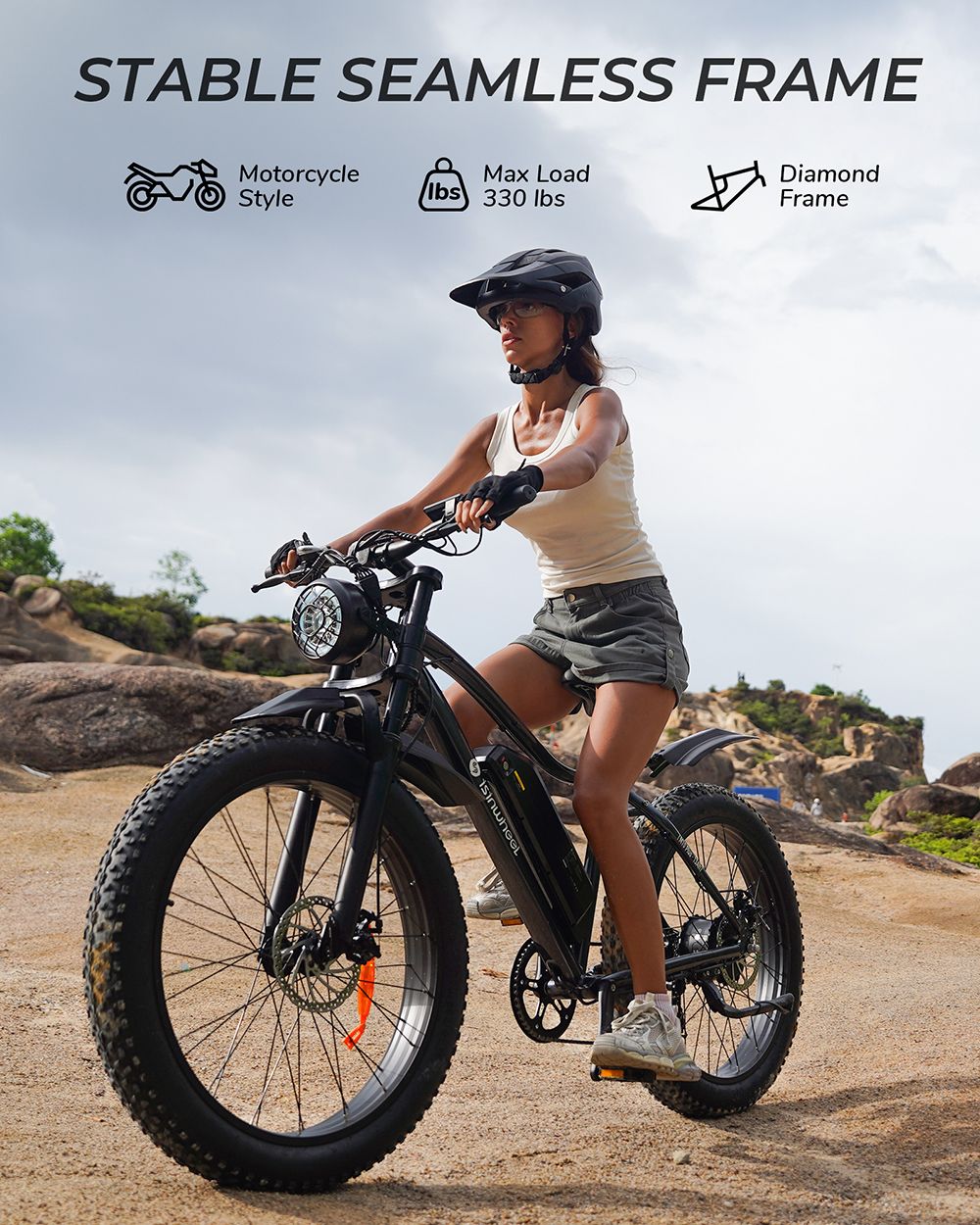 Elektrokolo isinwheel M10 Plus, motor 250 W, baterie 48 V 13 Ah, pneumatiky 26 x 4,0 palce, maximální rychlost 25 km/h, dojezd 100 km, přední a zadní kotoučové brzdy, 7stupňová převodovka, celoodpružené - černé