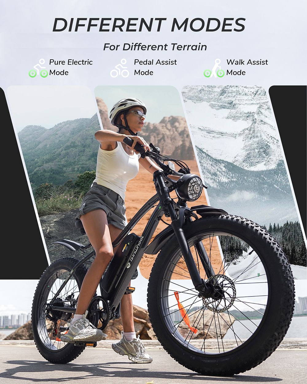 Elektrokolo isinwheel M10 Plus, motor 250 W, baterie 48 V 13 Ah, pneumatiky 26 x 4,0 palce, maximální rychlost 25 km/h, dojezd 100 km, přední a zadní kotoučové brzdy, 7stupňová převodovka, celoodpružené - černé