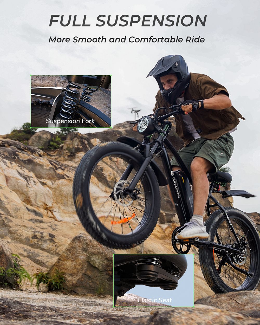 Elektrokolo isinwheel M10 Plus, motor 250 W, baterie 48 V 13 Ah, pneumatiky 26 x 4,0 palce, maximální rychlost 25 km/h, dojezd 100 km, přední a zadní kotoučové brzdy, 7stupňová převodovka, celoodpružené - černé