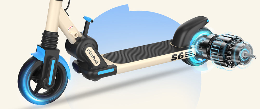 Dětská skládací elektrická koloběžka isinwheel S6, motor 150 W, baterie 21,6 V 5 Ah, pneumatiky 6,5 palce, maximální rychlost 15 km/h, dojezd 15 km, zadní blatníková brzda a elektronická brzda, nastavitelná výška - modrá
