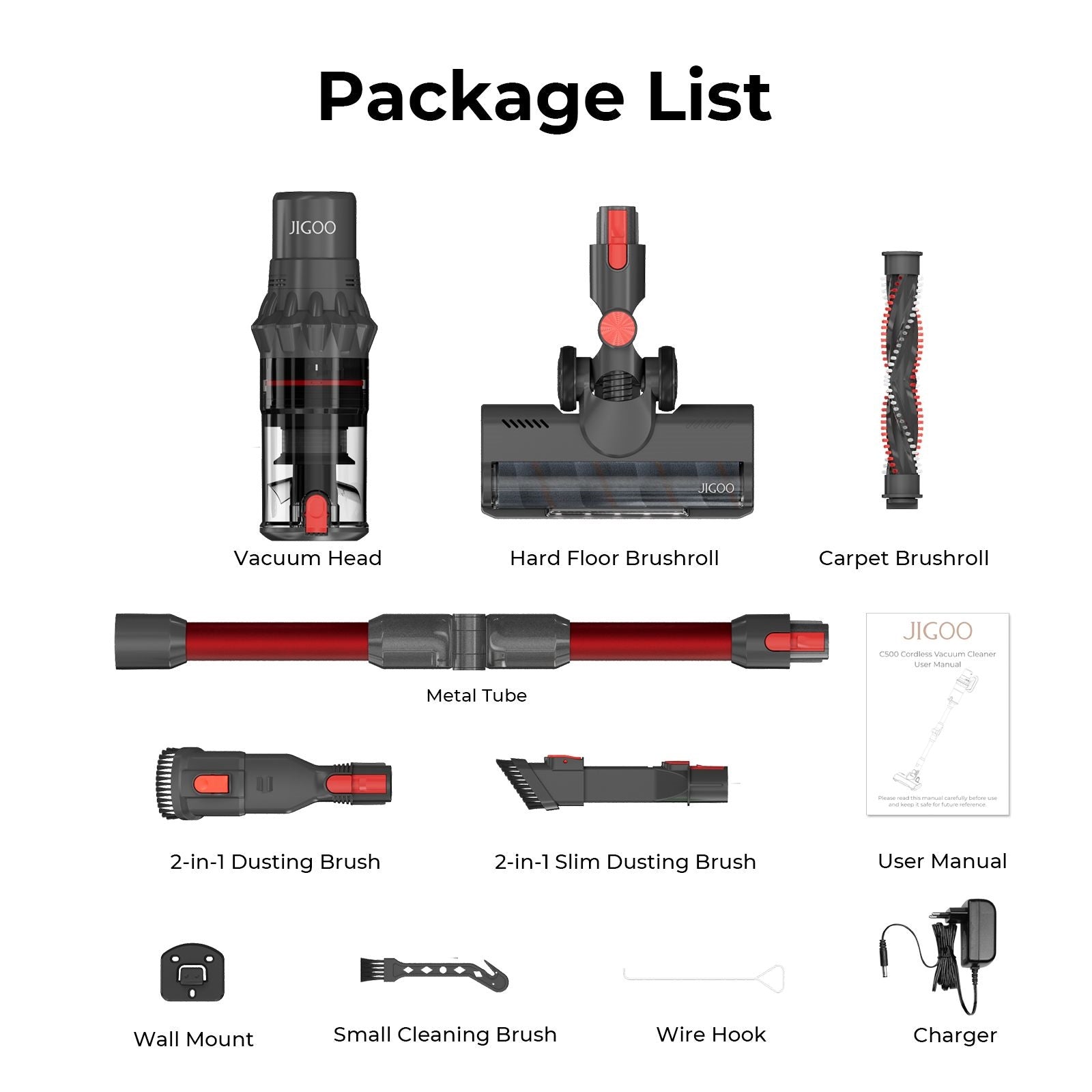 Bezdrátový vysavač JIGOO C500, sací tlak 33 kPa, motor 500 W, inteligentní senzor prachu, nádoba na prach o objemu 1,2 l, výdrž baterie až 60 minut, vyjímatelná baterie 2200 mAh, dotyková LED obrazovka, otočná kovová trubice