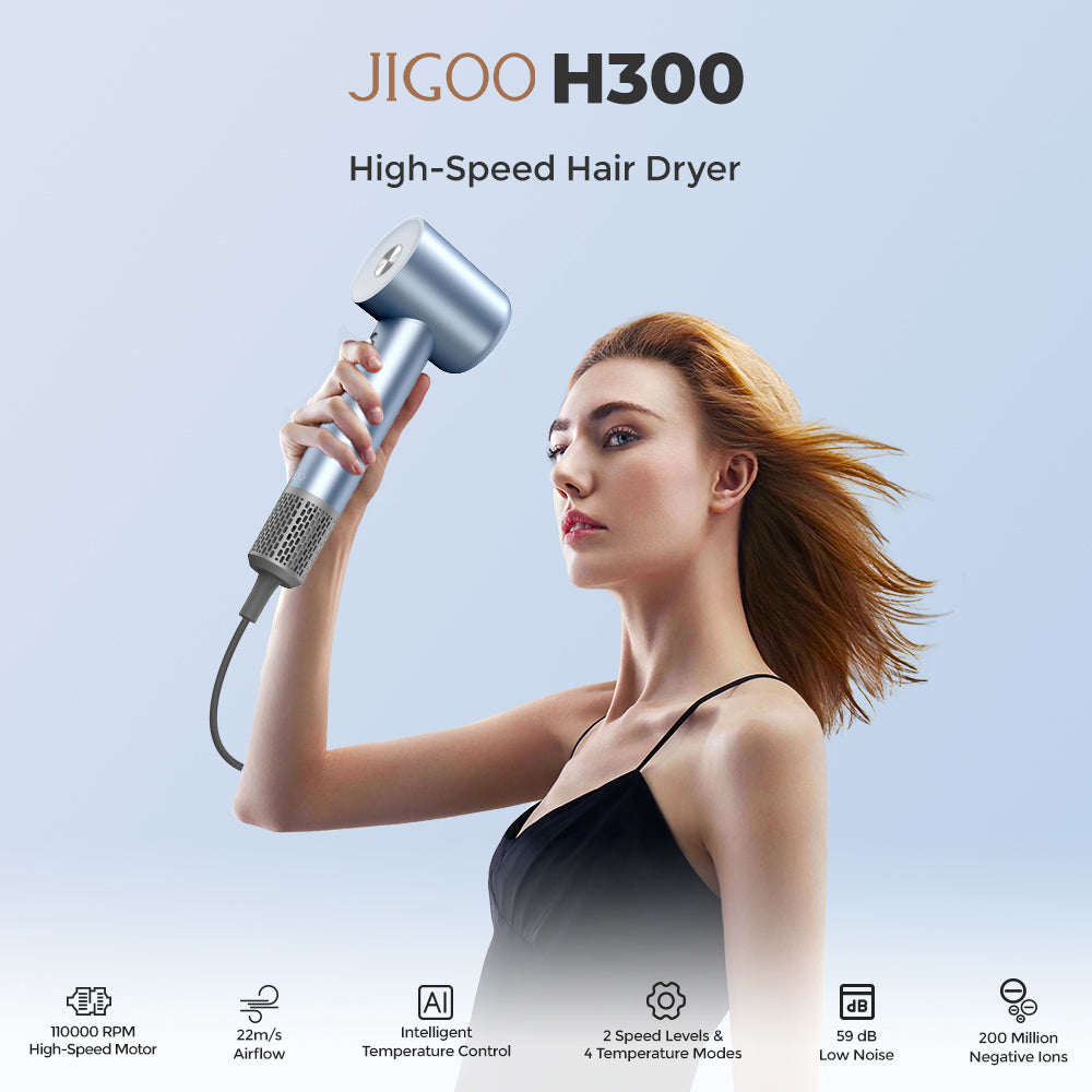 Vysokorychlostní fén JIGOO H300 1600W, 200 milionů negativních iontů, 2 rychlostní stupně, bezkartáčový motor 110 000 ot./min, nízká hlučnost, 3barevný světelný kroužek