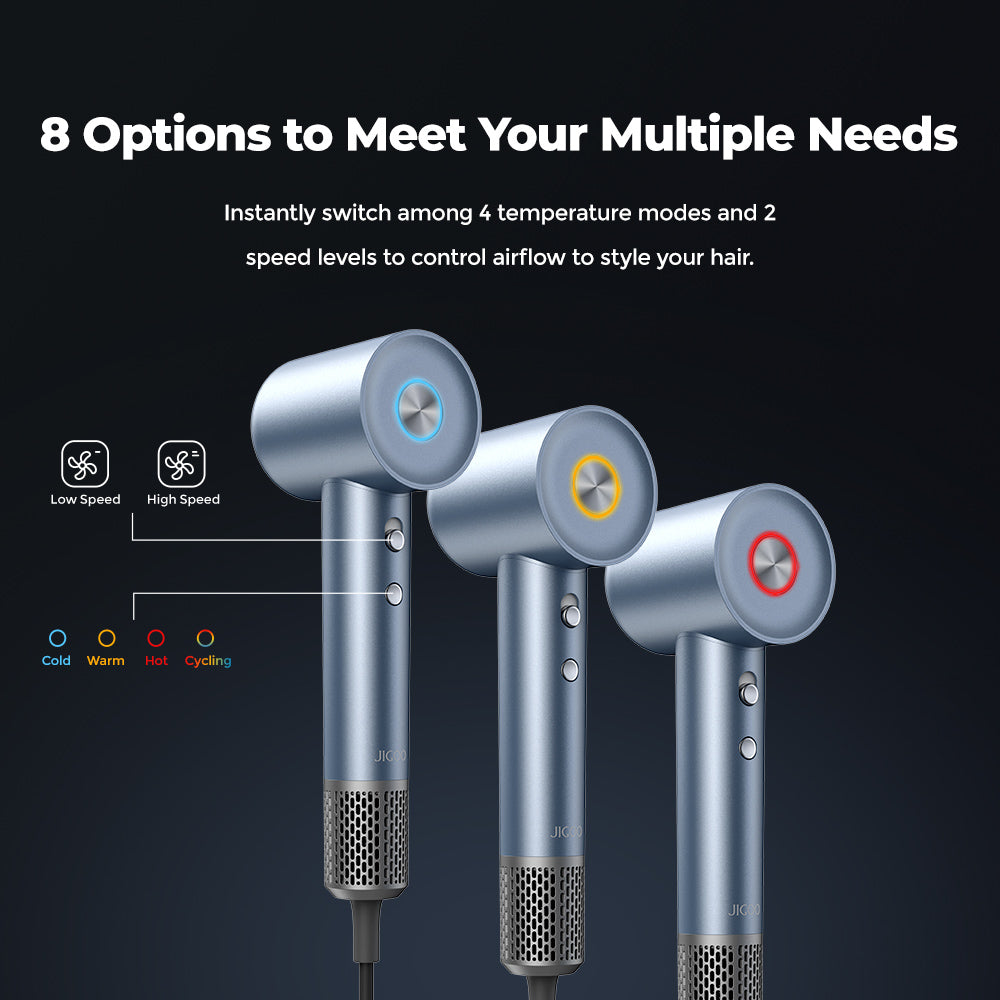 Vysokorychlostní fén JIGOO H300 1600W, 200 milionů negativních iontů, 2 rychlostní stupně, bezkartáčový motor 110 000 ot./min, nízká hlučnost, 3barevný světelný kroužek