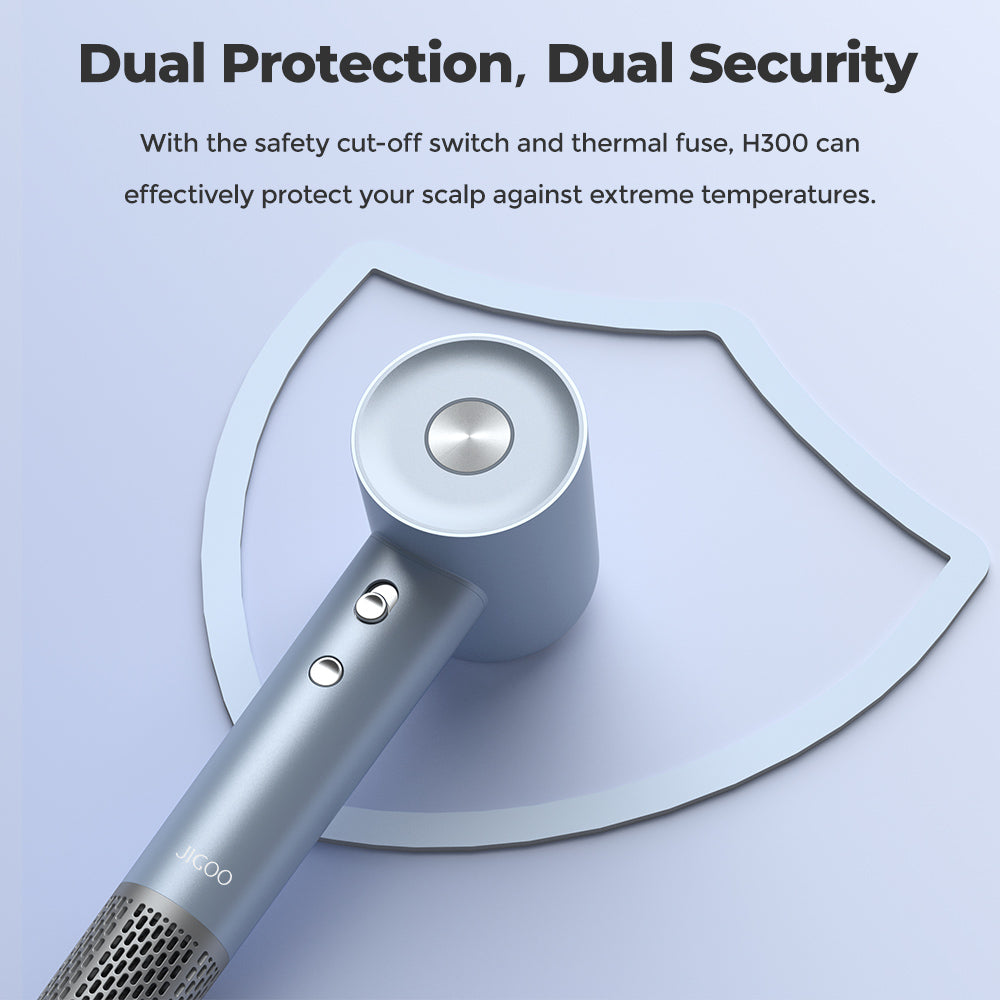 Vysokorychlostní fén JIGOO H300 1600W, 200 milionů negativních iontů, 2 rychlostní stupně, bezkartáčový motor 110 000 ot./min, nízká hlučnost, 3barevný světelný kroužek