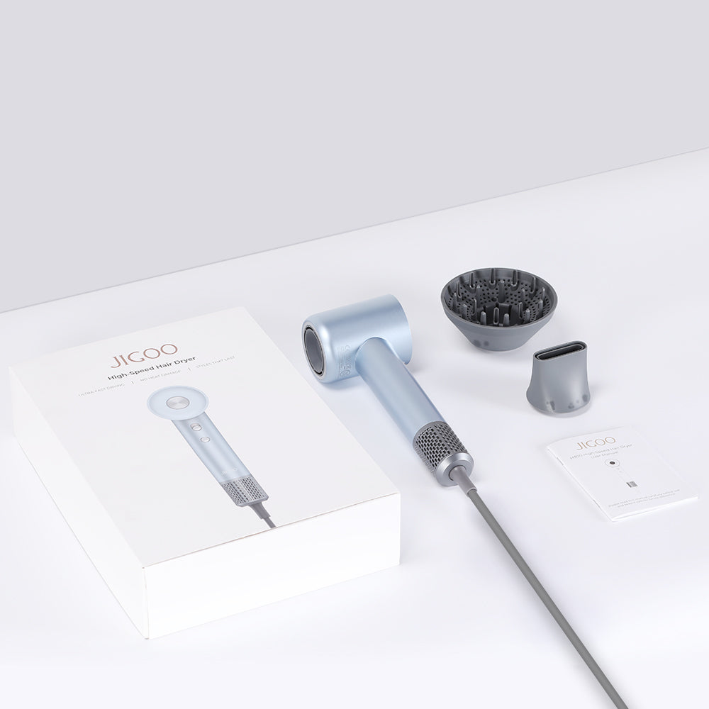 Vysokorychlostní fén JIGOO H300 1600W, 200 milionů negativních iontů, 2 rychlostní stupně, bezkartáčový motor 110 000 ot./min, nízká hlučnost, 3barevný světelný kroužek