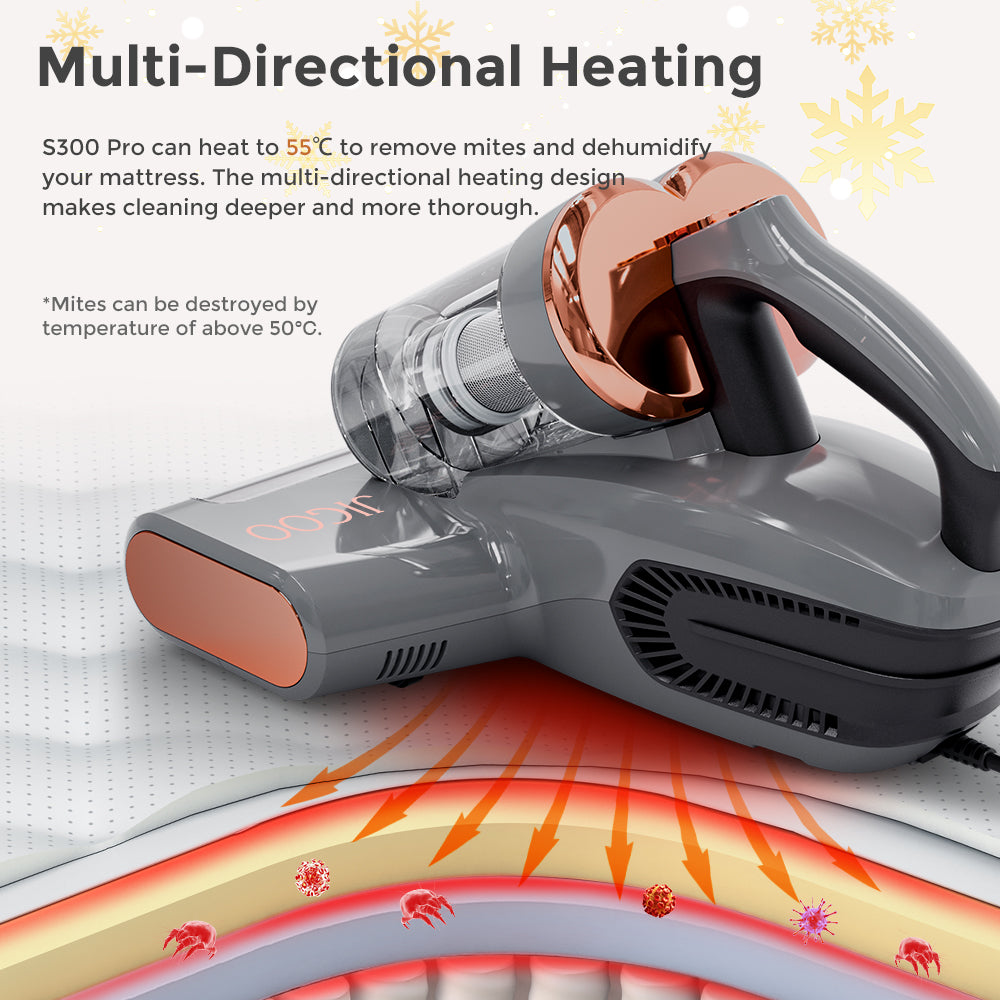 JIGOO S300 Pro Dvoukombkový Inteligentní Čistič Roztočů s Čidlem Roztočů 500W 13KPa Sání Inovativní Kovový Kartáč UV Světlo a Ultrazvuková Technologie Vícesměrový Ohřev 99,9% Odstranění Roztočů - Šedý