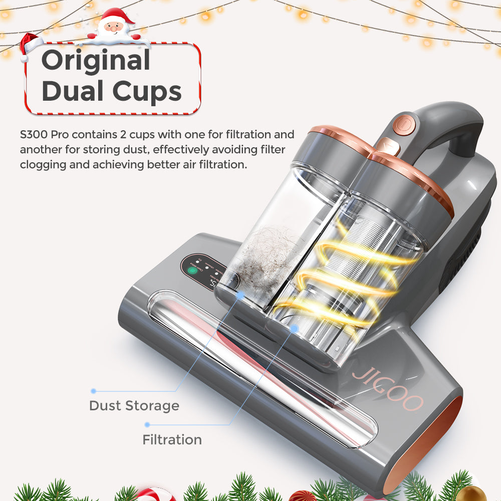 JIGOO S300 Pro Dvoukombkový Inteligentní Čistič Roztočů s Čidlem Roztočů 500W 13KPa Sání Inovativní Kovový Kartáč UV Světlo a Ultrazvuková Technologie Vícesměrový Ohřev 99,9% Odstranění Roztočů - Šedý