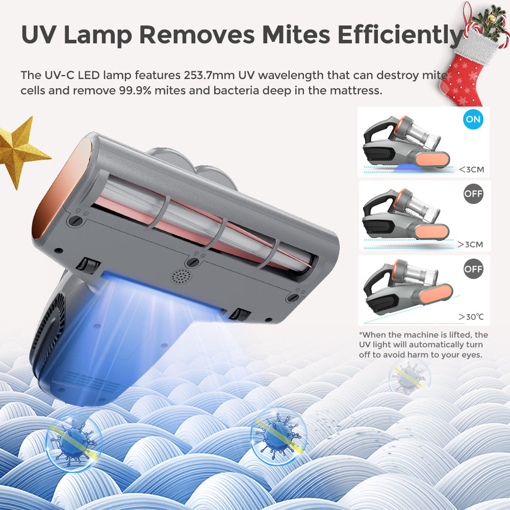 JIGOO S300 Pro Dvoukombkový Inteligentní Čistič Roztočů s Čidlem Roztočů 500W 13KPa Sání Inovativní Kovový Kartáč UV Světlo a Ultrazvuková Technologie Vícesměrový Ohřev 99,9% Odstranění Roztočů - Šedý