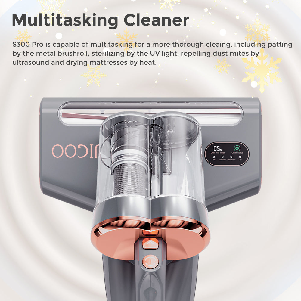 JIGOO S300 Pro Dvoukombkový Inteligentní Čistič Roztočů s Čidlem Roztočů 500W 13KPa Sání Inovativní Kovový Kartáč UV Světlo a Ultrazvuková Technologie Vícesměrový Ohřev 99,9% Odstranění Roztočů - Šedý