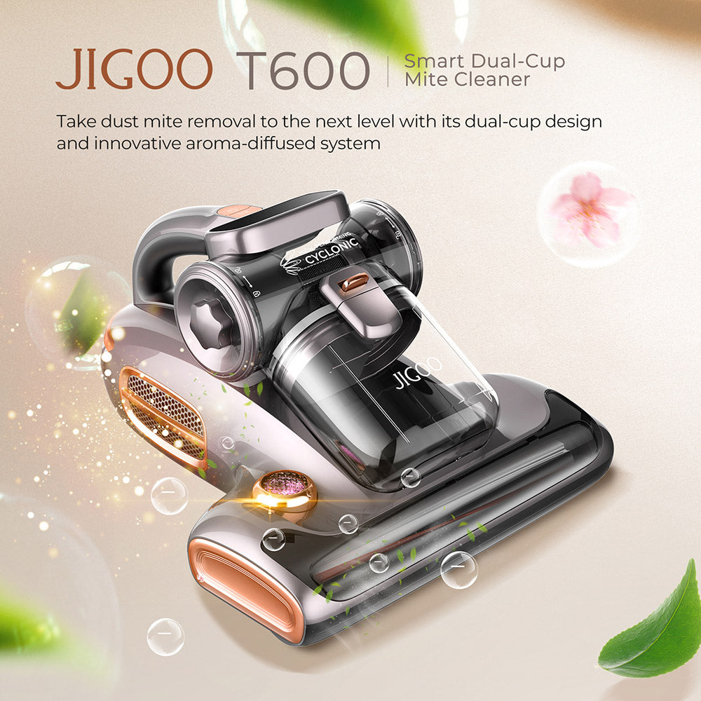 JIGOO T600 Dvou-Cup Inteligentní Vysavač na Roztoče s Aroma-Difuzérem, 700W 15KPa Sání, Senzor Roztočů, UV Světlo, Ultrazvuková Technologie, Odstranění 99,99% Roztočů, Zástrčka EU - Šedá