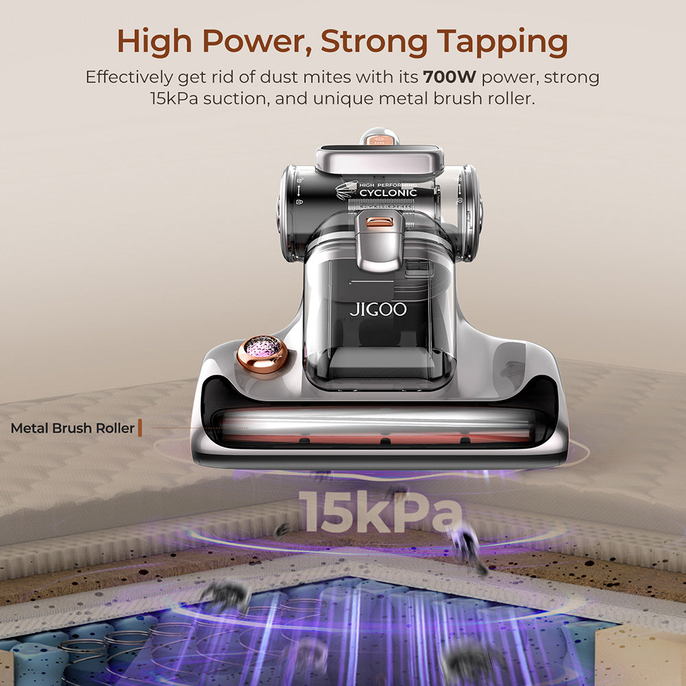 JIGOO T600 Dvou-Cup Inteligentní Vysavač na Roztoče s Aroma-Difuzérem, 700W 15KPa Sání, Senzor Roztočů, UV Světlo, Ultrazvuková Technologie, Odstranění 99,99% Roztočů, Zástrčka EU - Šedá