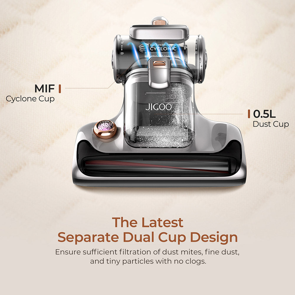 JIGOO T600 Dvou-Cup Inteligentní Vysavač na Roztoče s Aroma-Difuzérem, 700W 15KPa Sání, Senzor Roztočů, UV Světlo, Ultrazvuková Technologie, Odstranění 99,99% Roztočů, Zástrčka EU - Šedá