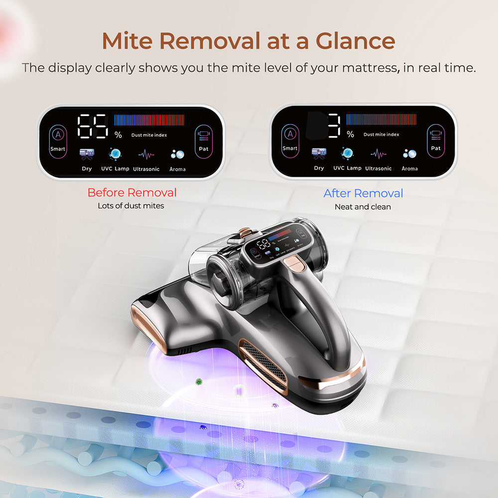 JIGOO T600 Dvou-Cup Inteligentní Vysavač na Roztoče s Aroma-Difuzérem, 700W 15KPa Sání, Senzor Roztočů, UV Světlo, Ultrazvuková Technologie, Odstranění 99,99% Roztočů, Zástrčka EU - Šedá