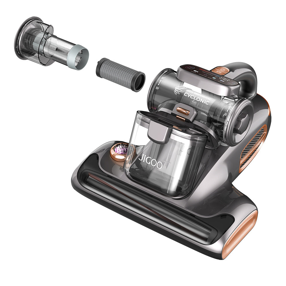 JIGOO T600 Dual-Cup Smart Bed Vacuum Cleaner for Mattress with UV Light, 700W 15KPa Suction,  Ultrasonic Tech, 99.99% Mites Removal, Handheld Vacuum Cleaner for Bed, Sofa - Grey